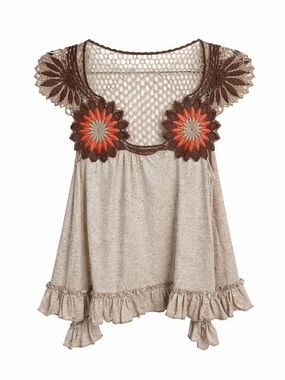 Papaya Beige Tank with Brown Crochet and Orange Floral Detail